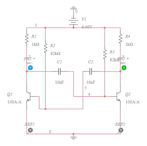 Astable multivibrator using transistors. - Multisim Live