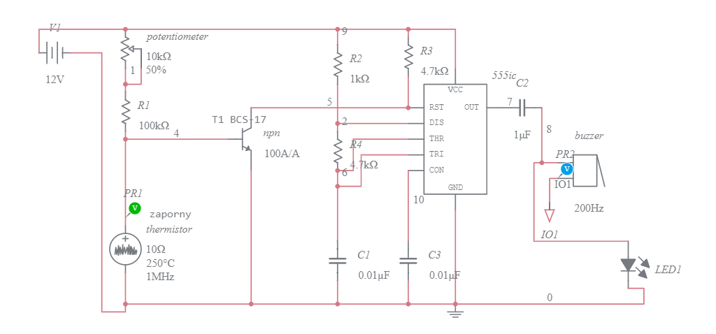 FIRE ALARM USING IC 555 TIMER AND THERMISTOR - Multisim Live